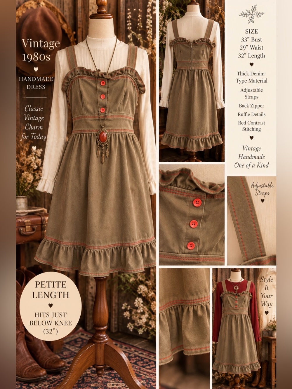 Vintage-Inspired -Light Brown & Cottage dress- Pockets with Red Contrast -Small